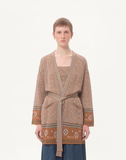 Valentino - Knit Cardigan With Lurex Jacquard Pattern - Ginger Orange/beige - Woman - Knitwear