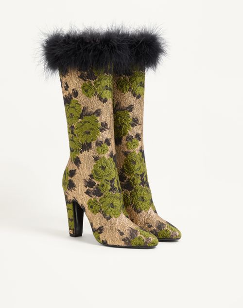 Valentino Garavani - Hotty Boot In Lurex Jacquard Fabric And Feathers 100mm - Gold/green - Woman - Boots And Ankle Boots