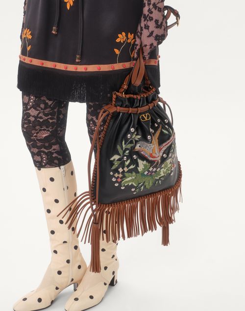 Valentino Garavani - Valentino Garavani Nellcôte Alice Embroidered Bag With Fringes - Black/multicolor/tobacco - Woman - Shoulder Bags