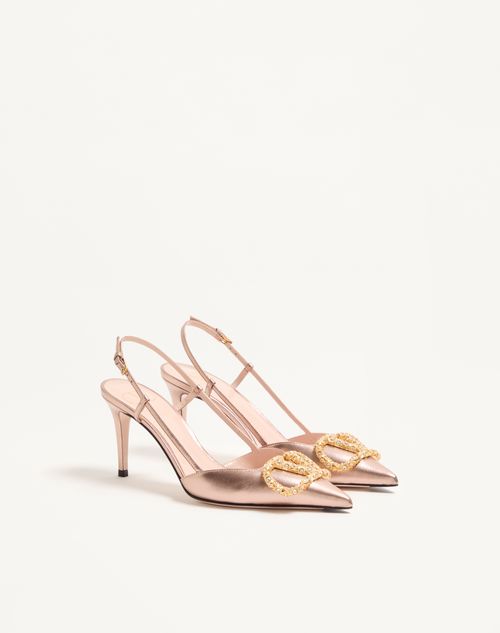 Valentino Garavani - Décolleté Slingback Vlogo Signature In Nappa Laminata 80mm - Rose Cannelle/crystal - Donna - Décolleté