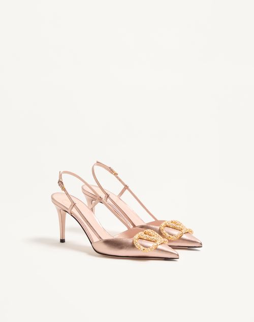 Valentino Garavani - Zapato De Cuero Napa Laminado Con Correa Trasera, Vlogo Signature Y Tacón De 80 mm - Rose Cannelle/cristal - Mujer - Salones