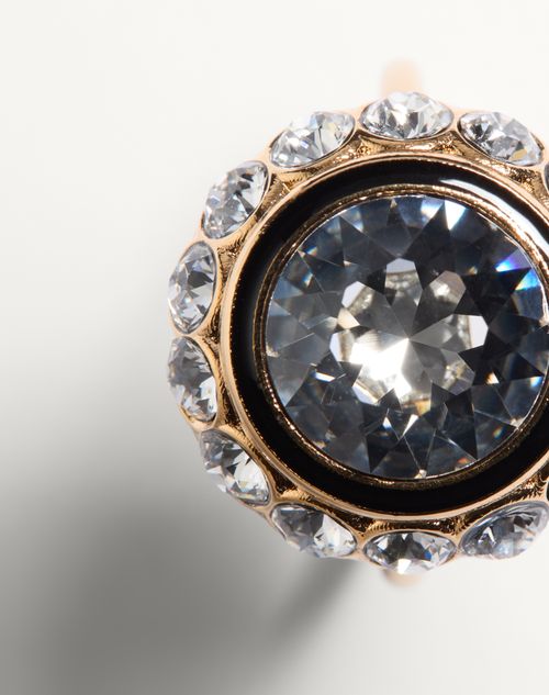 Valentino Garavani - Vlogo Signature Ring Aus Metall, Emaille Und Kristallen - Gold/schwarz/crystal - Frau - Schmuck Und Uhren