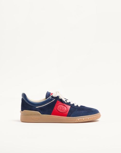Valentino Garavani Upvillage Low Top Trainer In Split Leather And Calfskin Nappa Leather Man Cobalt/coral 44