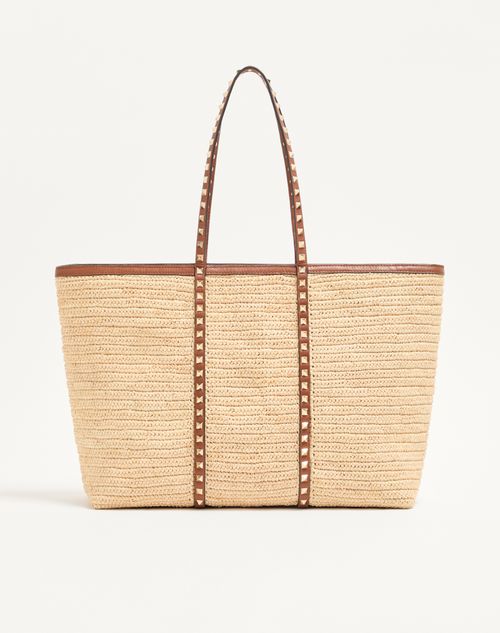 Valentino Garavani - Valentino Garavani Rockstud Raffia Shopping Bag. - Natural/saddle Brown - Woman - Totes