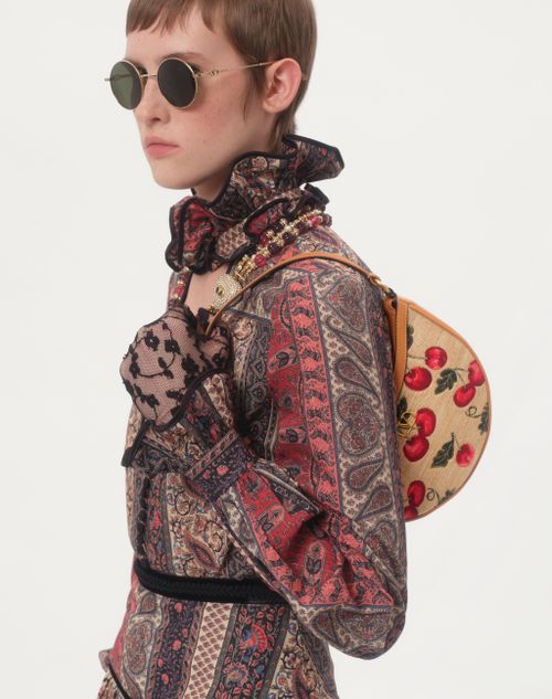 Valentino Garavani - Vlogo Signature Mini Hobo Bag In Jacquard Raffia With Cherryfic Pattern - Natural/red - Woman - Clutches