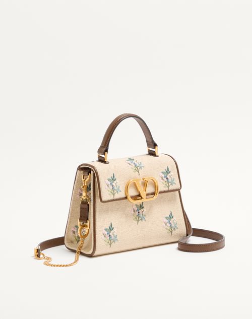 Valentino Garavani - Valentino Garavani Vsling Small Handbag In Linen With Embroidery - Natural/multicolour - Woman - Top Handle Bags