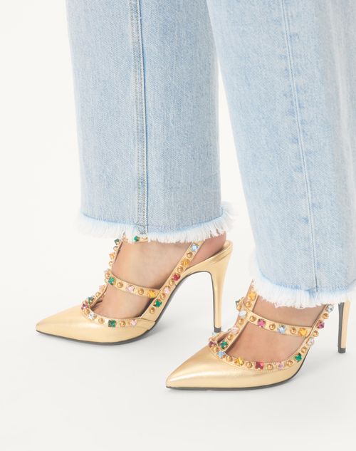 Valentino Garavani - Rockstud Décolleté In Laminated Nappa With Cabochon And Crystals 100mm - Antique Brass/multicolour - Woman - Pumps