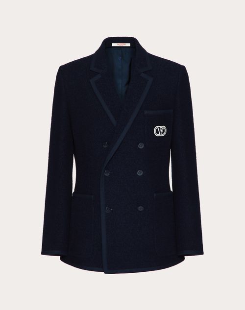 Shop Valentino Double-breasted Bouclé Wool Jacket With Vlogo Signature Embroidery In Navy