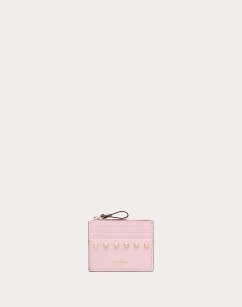 Shop Valentino Garavani Rockstud Calfskin Cardholder With Zip Woman Pink Uni