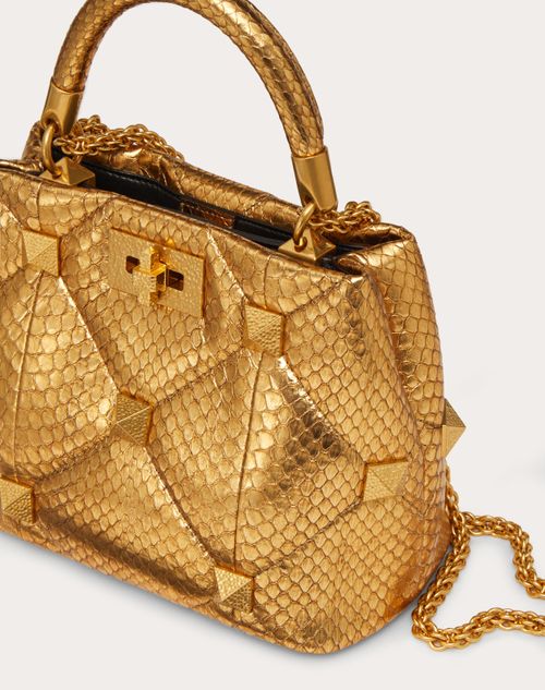 Valentino Garavani - Small Roman Stud The Handle Bag In Metallic Snakeskin - Antique Brass - Woman - Top Handle Bags