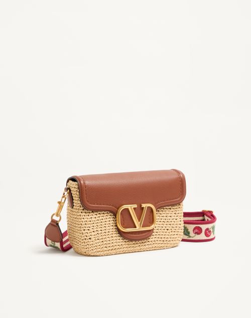 Valentino Garavani - Valentino Garavani Alltime Shoulder Bag In Raffia And Grainy Calfskin With Ribbon Strap Featuring Cherryfic Embroidery - Natural/saddle Brown - Woman - Shoulder Bags