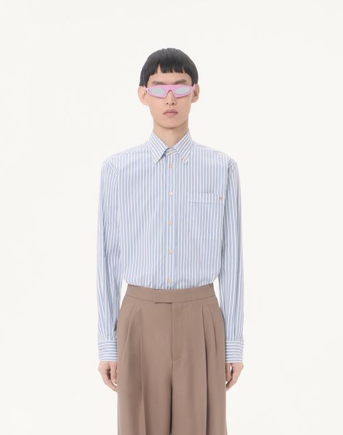 Valentino - Valentino Cotton Poplin Shirt With Vgold Stripes - Ivory/blue - Man - Shirts