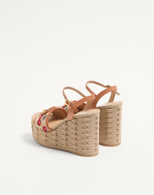 Valentino Garavani - Vlogo Signature Cherryfic Pattern Wedge Sandal 120mm - Natural/red - Woman - Espadrilles And Wedges