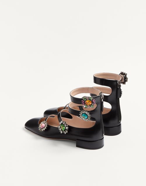 Valentino Garavani - Preshoes Ballerinas With Straps In Kidskin With Jewel Buttons 20mm - Black/crystal/multicolour - Woman - Ballerinas