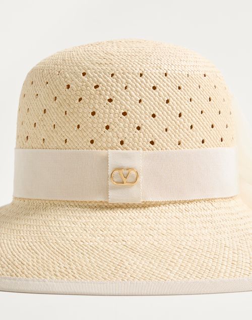Valentino Garavani - Vlogo Signature Hat In Perforated Panama With Organza Bow - Natural - Woman - Hats And Gloves