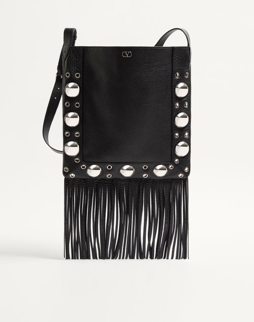 Valentino Garavani - Valentino Garavani Nellcôte Shoulder Bag In Grainy Calfskin With Fringes - Black - Man - Shoulder Bags