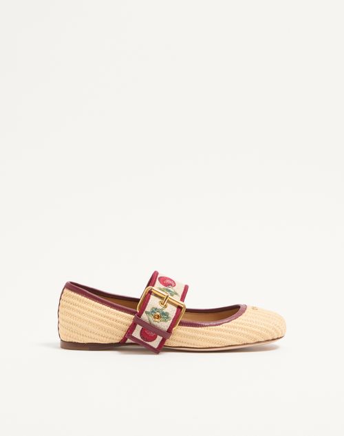 Valentino Garavani - Mary-jane Bribri Raffia Ballerina With Cherryfic Embroidery - Beige - Woman - Ballerinas