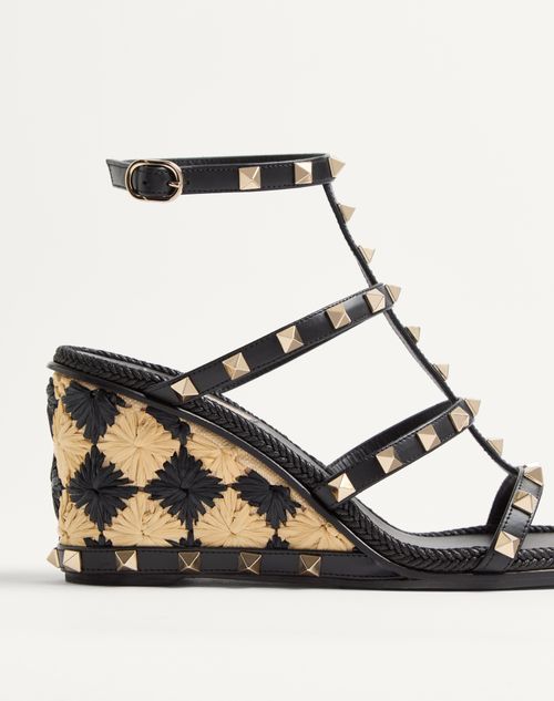 Valentino Garavani - Rockstud Calfskin Wedge Sandal With Check Embroidery 80mm - Black/natural - Woman - Espadrilles And Wedges