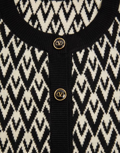 Valentino - Wool Cardigan With Toute La V Jacquard Pattern - Cream/blue - Woman - Knitwear