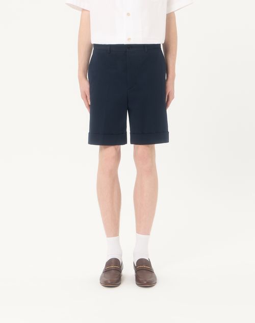 Valentino - Valentino Cotton Gabardine Bermuda Shorts With Turn-up And Vlogo Embroidery - Navy - Man - Pants And Shorts