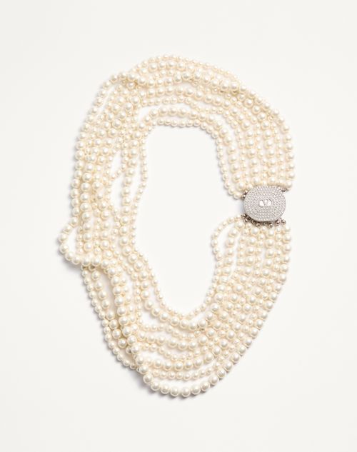 Valentino Garavani Ovalette Necklace In Metal, Baroque Glass Beads, And Swarovski Crystals Woman Cream/crystal Onesize