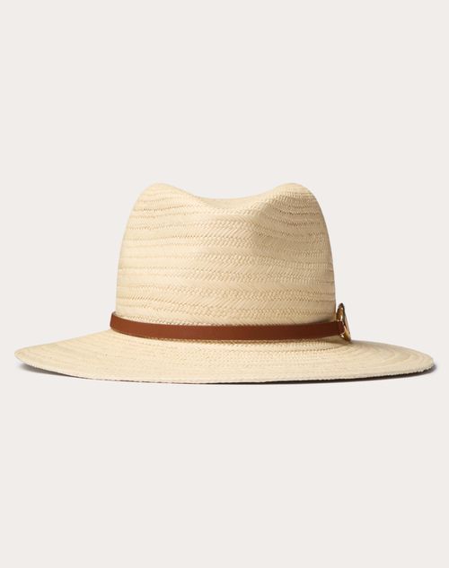 Shop Valentino Garavani The Bold Edition Vlogo Woven Panama Fedora Hat With Metal Detail Woman Natural/go In ナチュラル/ゴールド/サドルブラウン