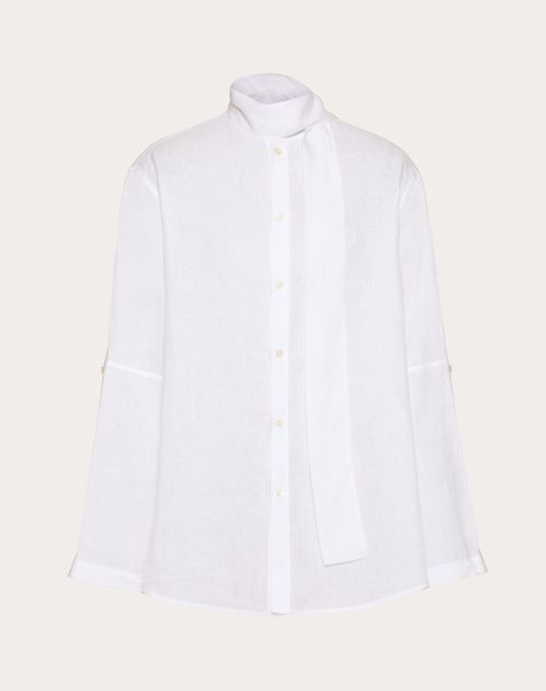 Shop Valentino Linen Shirt With Scarf Collar And Vlogo Signature Embroidery In White