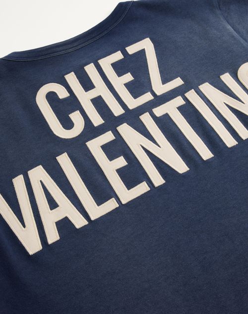 Valentino - Cotton T-shirt With Chez Valentino Print And Patch - Blue - Man - T-shirts And Sweatshirts