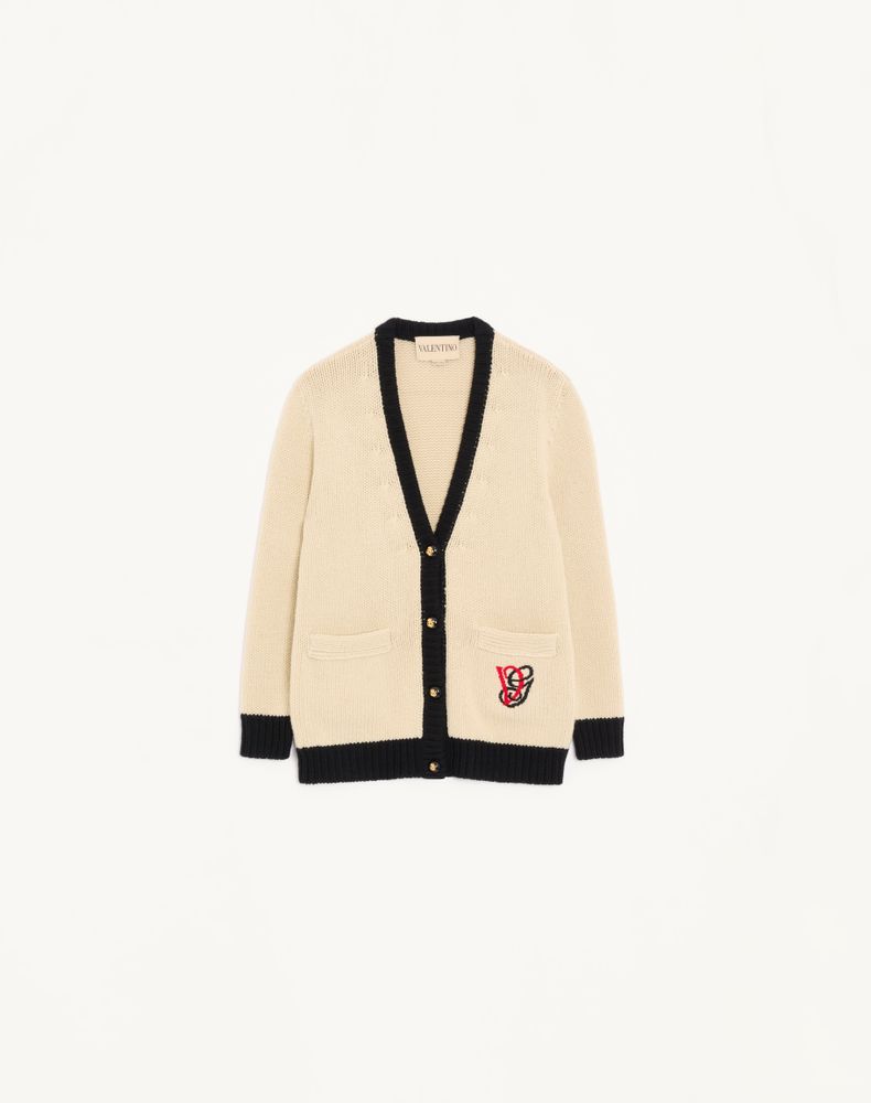 Valentino Women's Birch/Black Embroidered Wool Cardigan Woman Xs