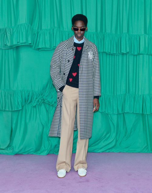 Valentino - Single-breasted Cotton And Wool Coat With Vichy Pattern - Navy/beige - Man - Coats And Blazers