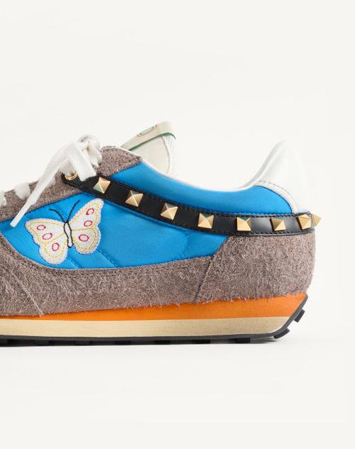 Valentino Garavani - Stud Up Sneaker In Split Leather And Nylon With Butterfly Embroidery - Azure/multicolour - Man - Sneakers