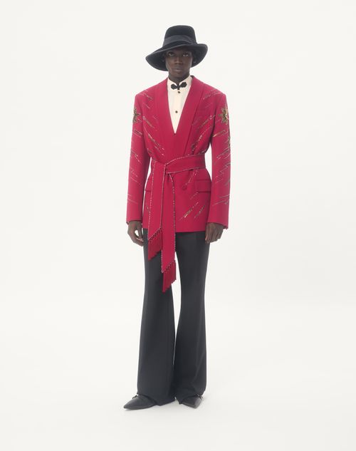 Valentino - Valentino Embroidered Belted Jacket In Grain De Poudre Wool - Cherry Red - Man - Coats And Blazers