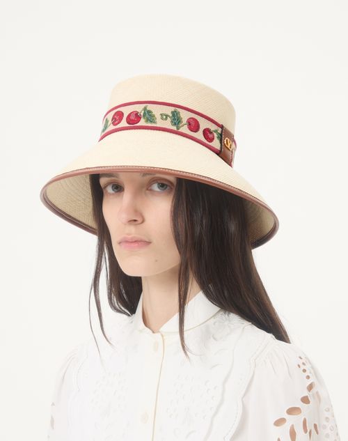 Valentino Garavani - Cherryfic Straw Bucket Hat With Leather Trim And Cherryfic Ribbon - Natural/saddle Brown - Woman - Hats And Gloves