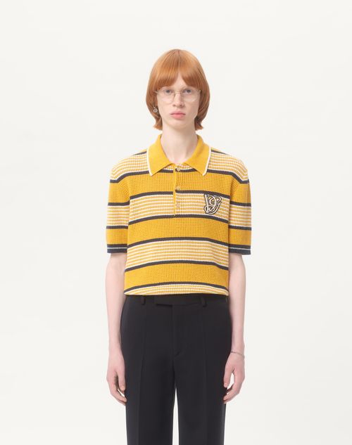 Valentino - Long-sleeved Linen And Cotton Polo Shirt With Vg Patch - Yellow/blue - Man - Knitwear