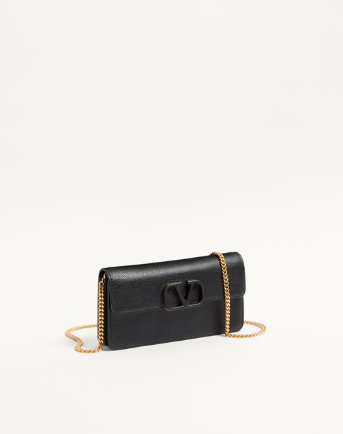 Valentino Garavani - Portafoglio Con Catena Vlogo Signature In Vitello Granato - Nero - Donna - Portafogli E Piccola Pelletteria