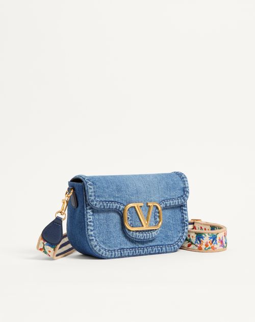 Valentino Garavani - Valentino Garavani Alltime Denim Shoulder Bag With Embroidered Ribbon Strap - Denim/worker - Woman - Shoulder Bags