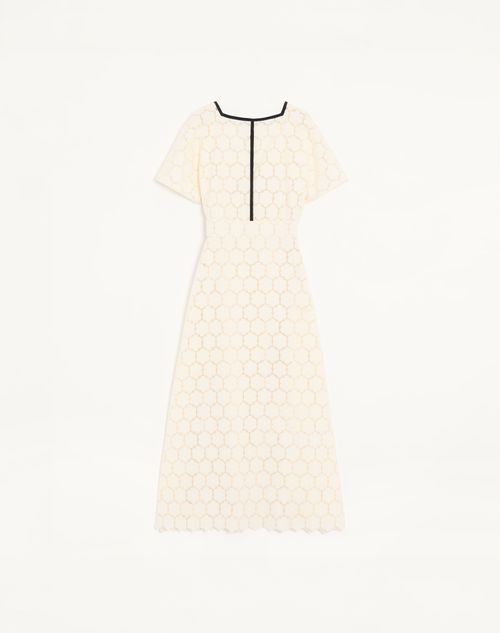 Valentino Midi Dress In Fleurs À Jours Cotton Woman Latte/black 38