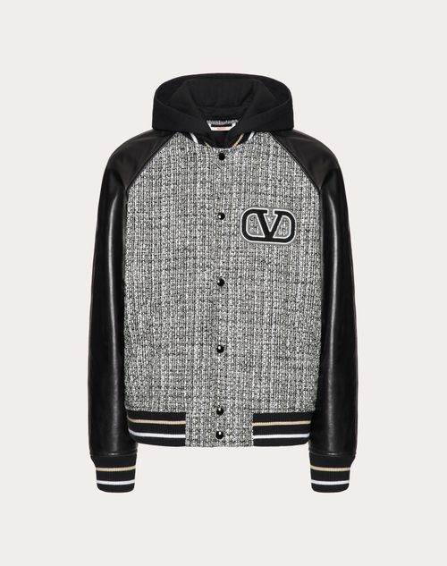 VALENTINO VALENTINO COTTON-WOOL TWEED HOODED BOMBER JACKET WITH VLOGO SIGNATURE EMBROIDERY