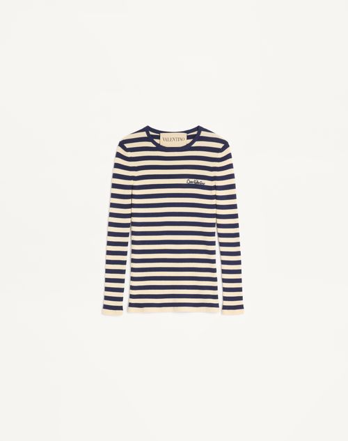 Valentino - Maglia In Cotone - Betulla/provence Blue/betulla - Donna - Maglieria