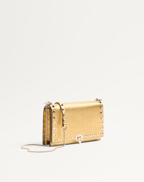 Valentino Garavani - Rockstud Mini Calfskin Bag With Chain In Laminated Grainy Calfskin - Antique Brass - Woman - Wallets And Small Leather Goods