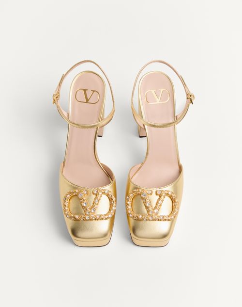 Valentino Garavani - Vlogo Signature Platform Pump In Laminated Nappa 115mm - Antique Brass/crystal - Woman - Pumps