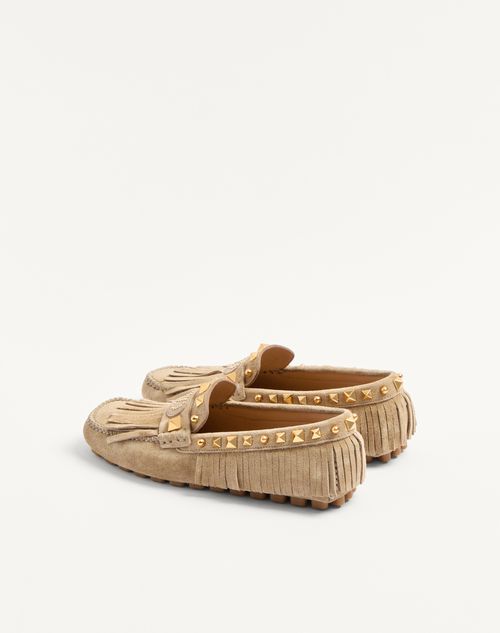 Valentino Garavani - Plaster Caster Driver Loafer In Suede With Fringes - Desert Sand - Woman - Loafers & Oxford