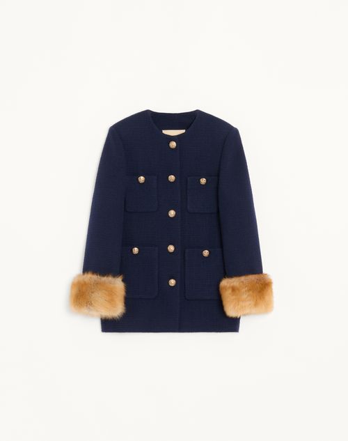 Valentino - Caban In Plain Wool Tweed - Navy - Woman - Jackets And Blazers