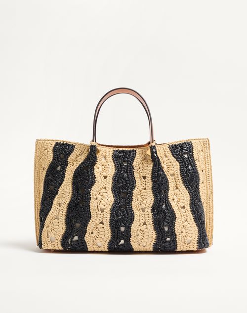 Valentino Garavani - Valentino Garavani Medium Raffia Shopping Bag With Wave Motif. - Natural/black - Woman - Totes