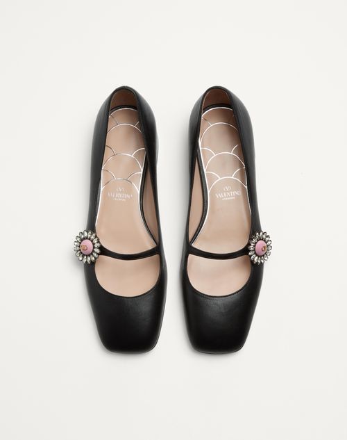 Valentino Garavani - Mary-jane Preshoes Ballerina In Kidskin With Jewel Button 20mm - Black/crystal/pink - Woman - Ballerinas