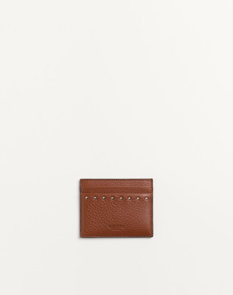 Valentino Garavani Men's Saddle Brown Rockstud Grainy Calfskin Cardholder Man Uni