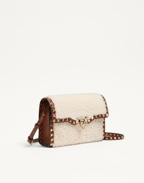 Valentino Garavani - Valentino Garavani Rockstud Small Shearling Shoulder Bag - Natural/saddle Brown - Woman - Shoulder Bags