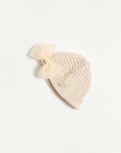 Valentino Garavani - Cotton Beanie With Organza Bow - Birch - Woman - Hats And Gloves