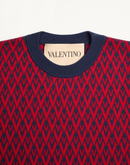 Valentino - Crewneck Wool Sweater With Toute La V Jacquard Pattern - Maroon/navy - Man - Knitwear