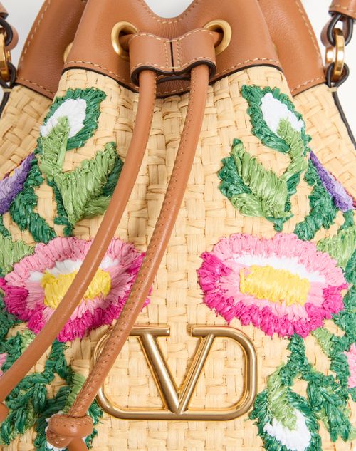 Valentino Garavani - Vlogo Signature Mini Bucket Bag In Raffia With Floral Embroidery - Multicolor/camel - Woman - Shoulder Bags